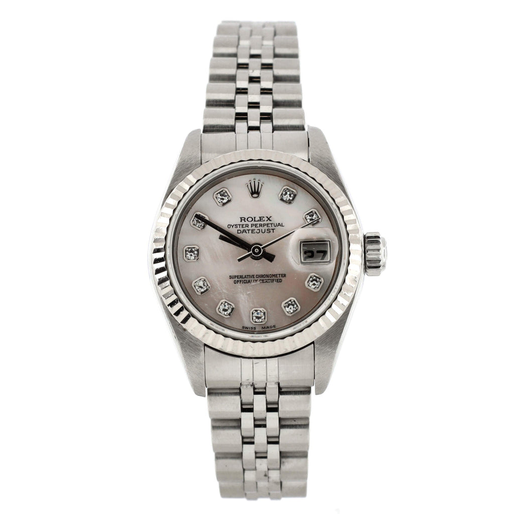 Oyster Perpetual Datejust Automatic Watch Stainless Steel and White Gold with Diamond Markers and Mother of Pearl 26