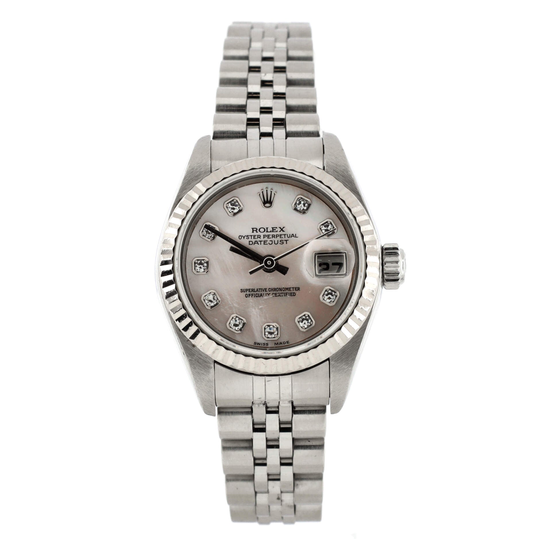 Oyster Perpetual Datejust Automatic Watch Stainless Steel and White Gold with Diamond Markers and Mother of Pearl 26