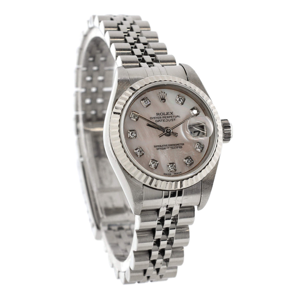 Oyster Perpetual Datejust Automatic Watch Stainless Steel and White Gold with Diamond Markers and Mother of Pearl 26