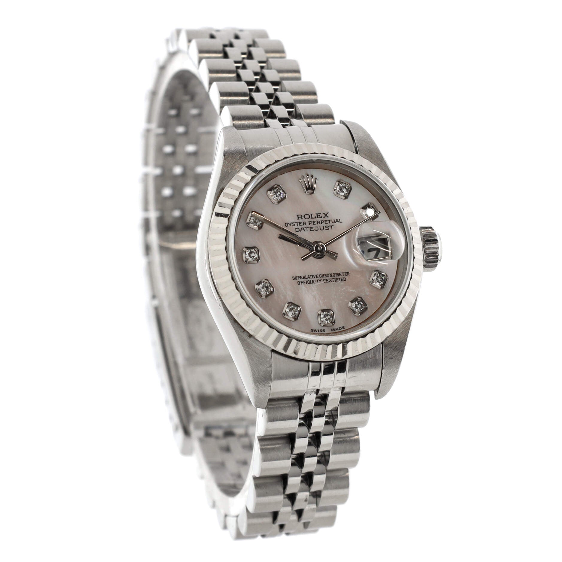 Oyster Perpetual Datejust Automatic Watch Stainless Steel and White Gold with Diamond Markers and Mother of Pearl 26
