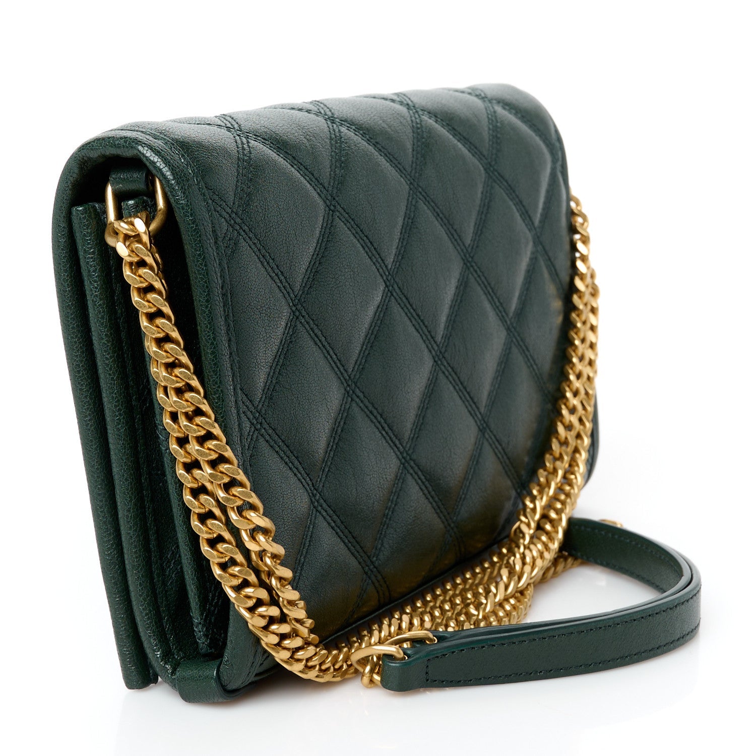 Lambskin Diamond Quilted Becky Chain Wallet Vert Fonce