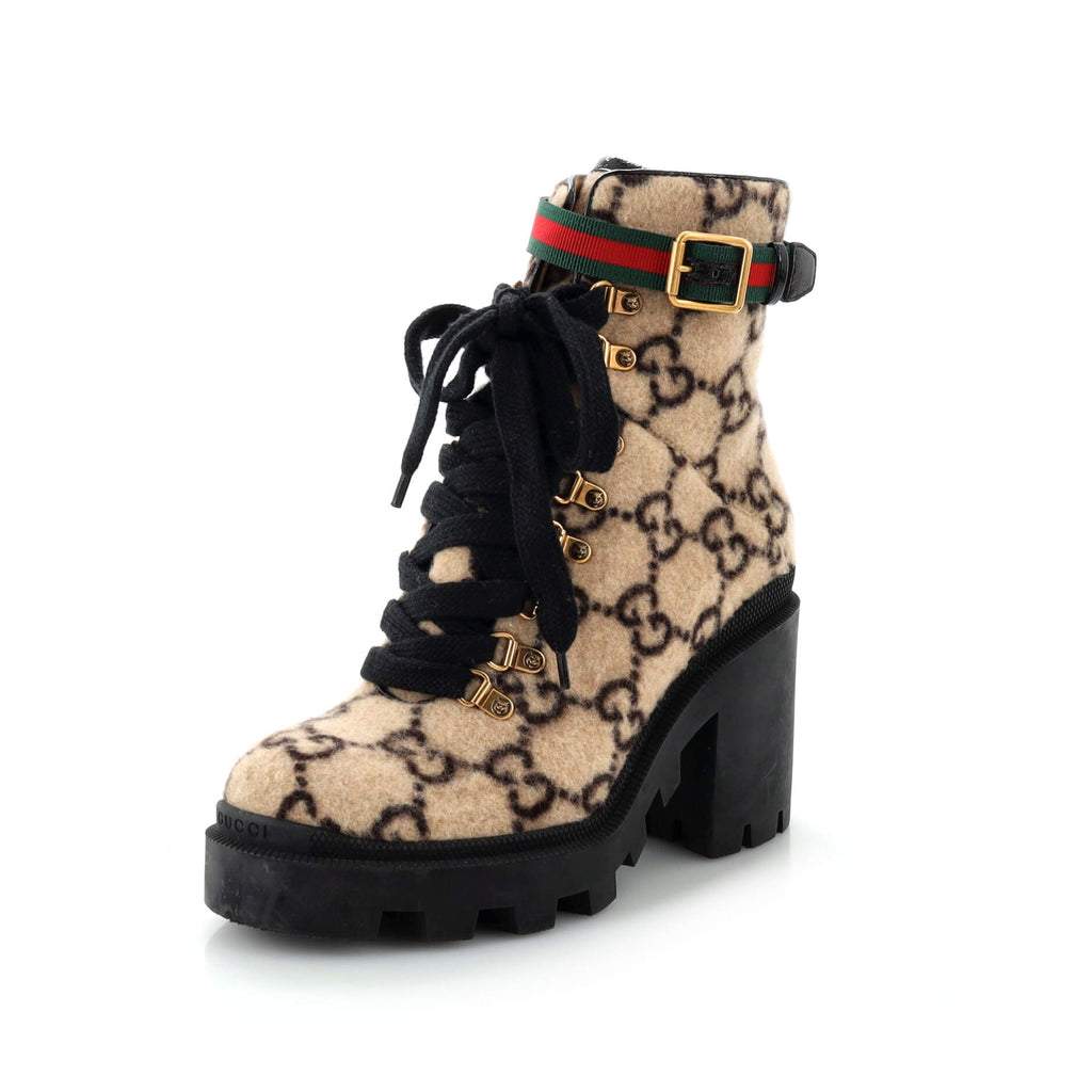 Women's Heeled Lace Up Combat Ankle Boots GG Wool