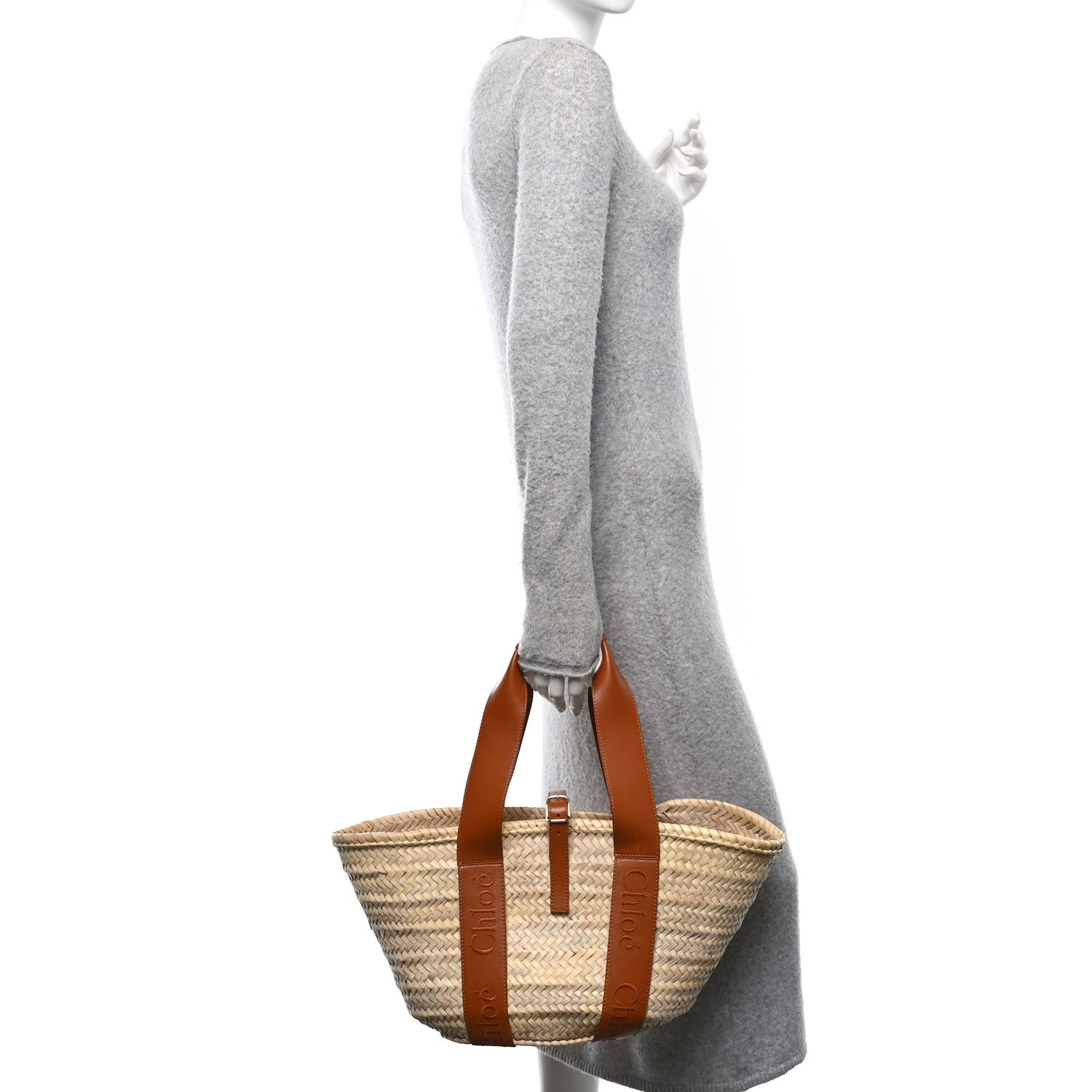 Raffia Smooth Calfskin Medium Sense Basket Caramel