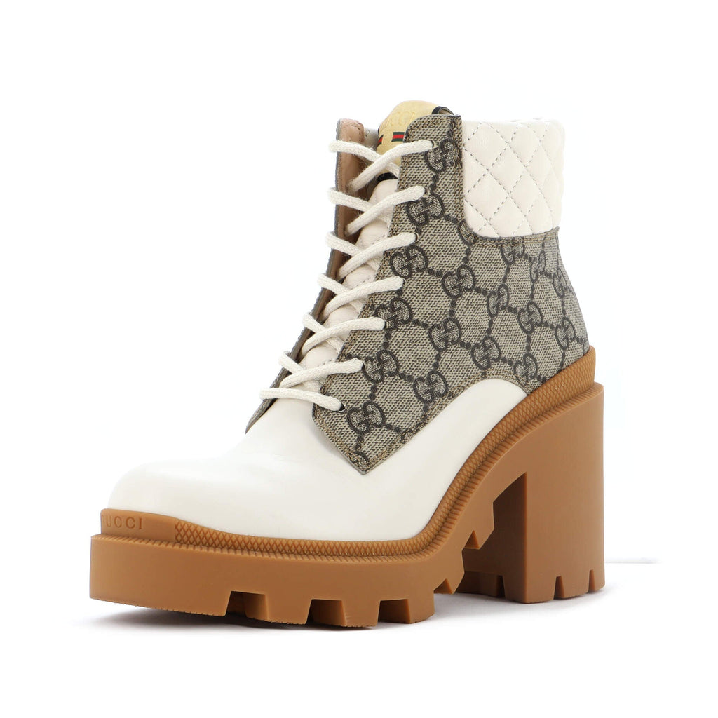 Women's Lace Up Heeled Ankle Boots GG Coated Canvas with Quilted Leather