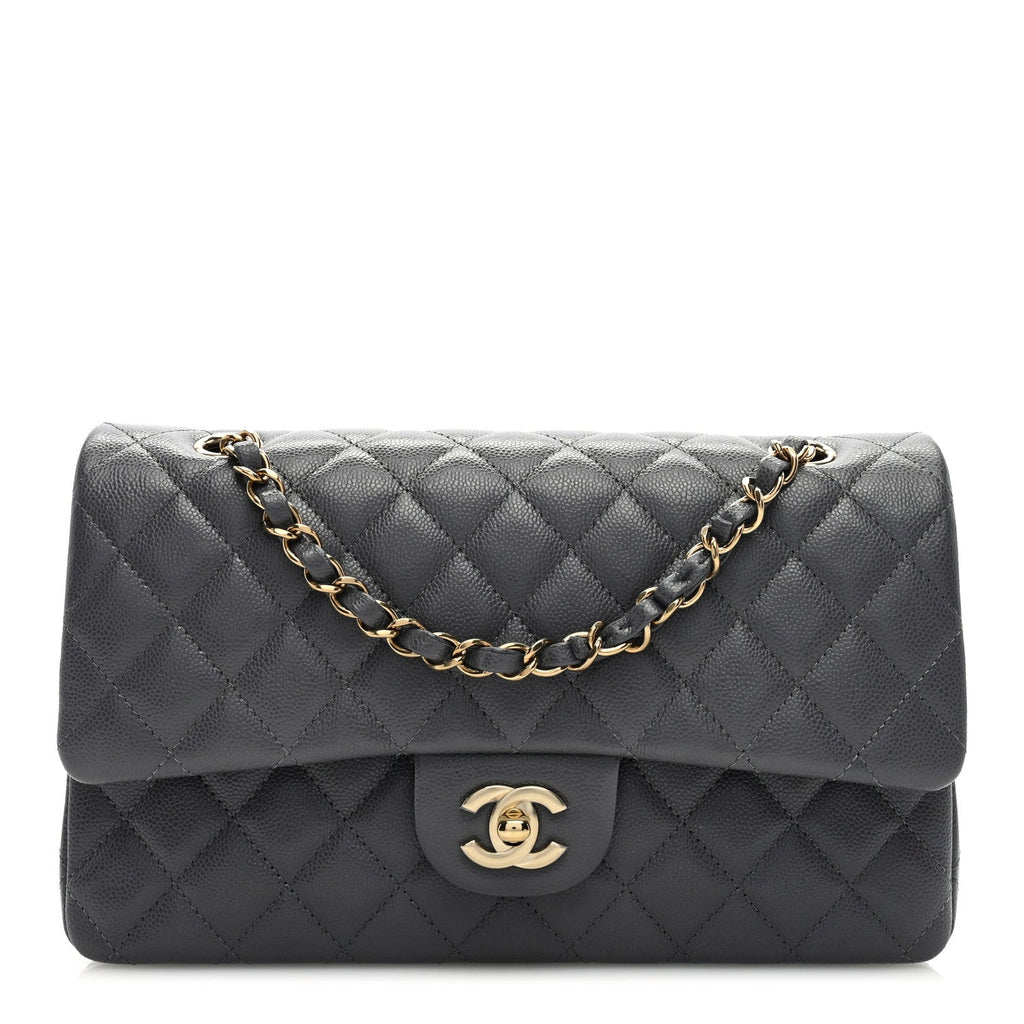 Caviar Quilted Medium Double Flap Dark Grey