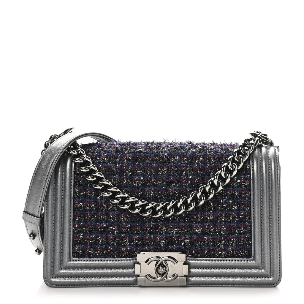Tweed Metallic Lambskin Medium Boy Flap Silver