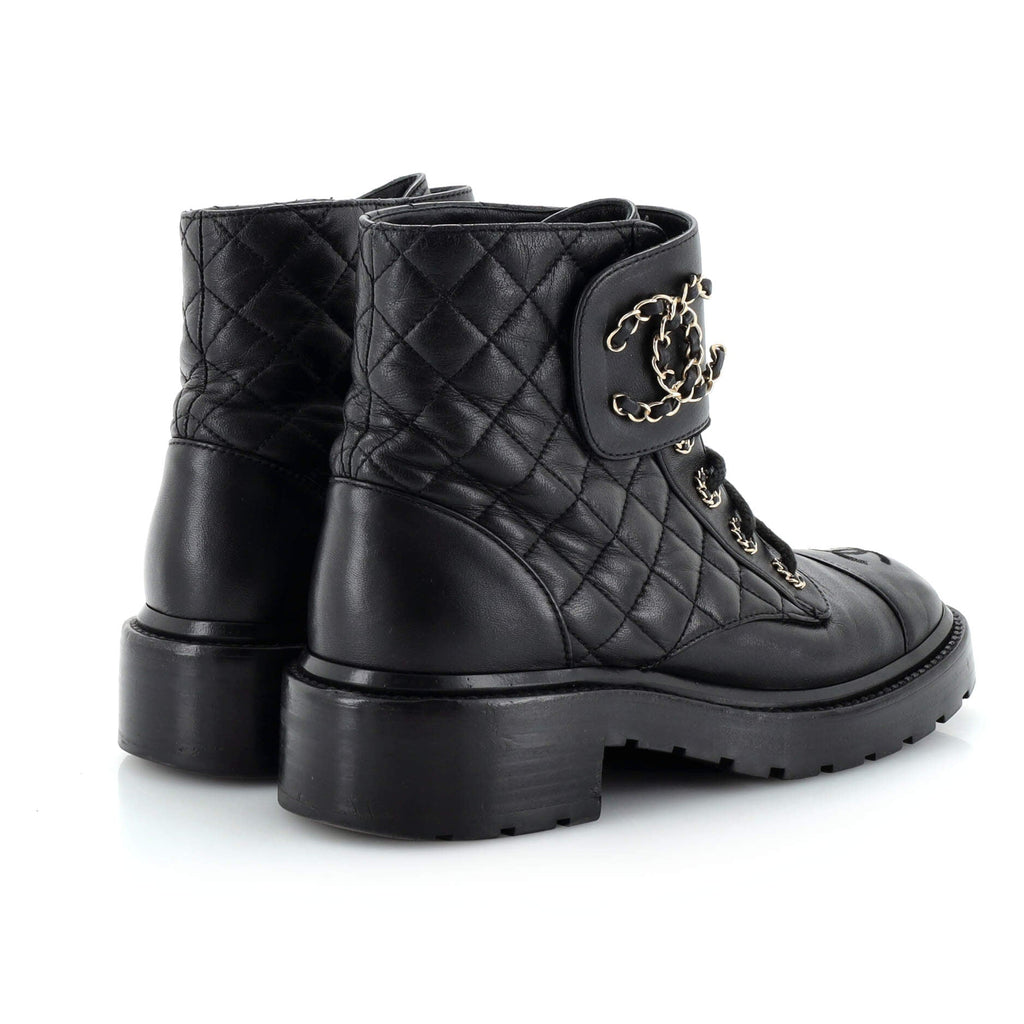 Women's Chain CC Cap Toe Lace Up Combat Boots Quilted Leather