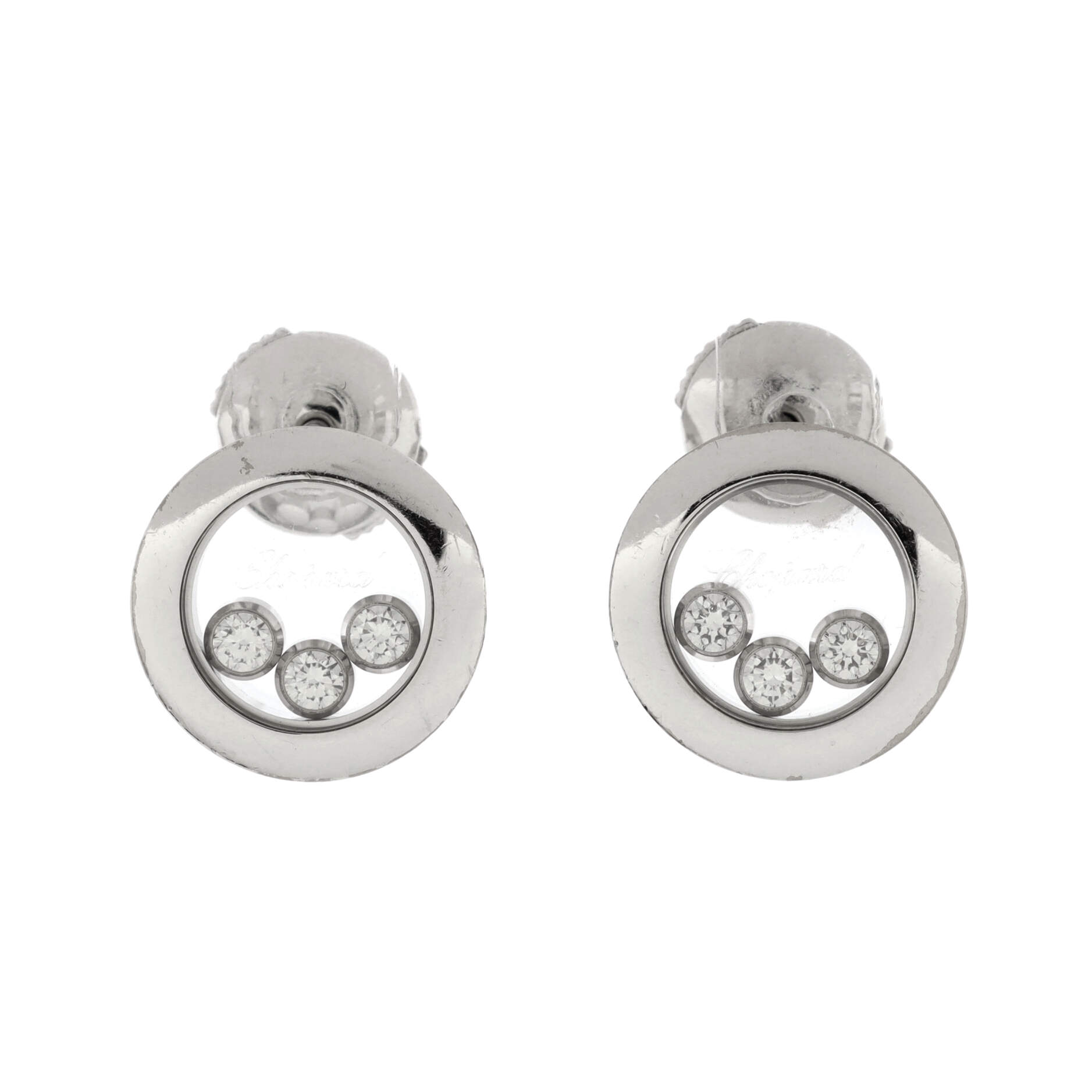 Happy Diamonds Icon Round Stud Earrings 18K White Gold with 3 Floating Diamonds