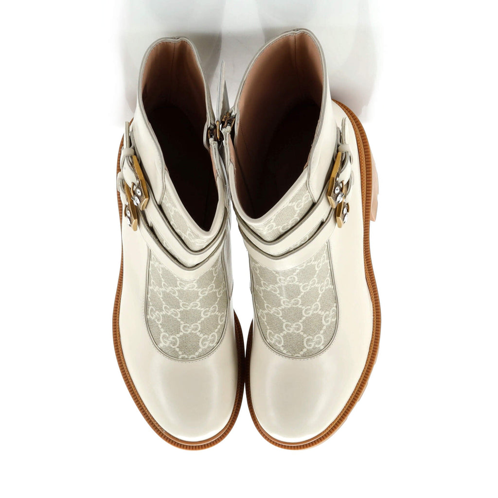 Women's Double Buckle Lug Sole Ankle Boots Leather with GG Coated Canvas