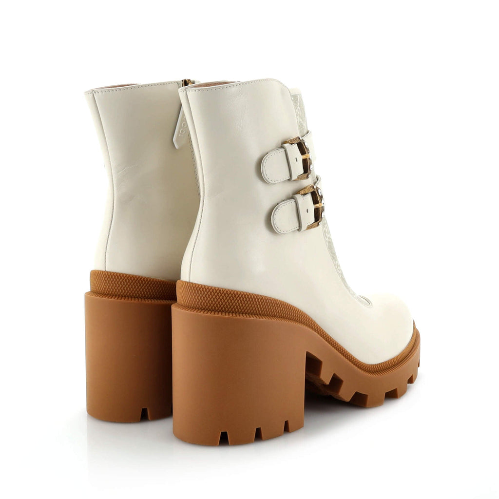 Women's Double Buckle Lug Sole Ankle Boots Leather with GG Coated Canvas