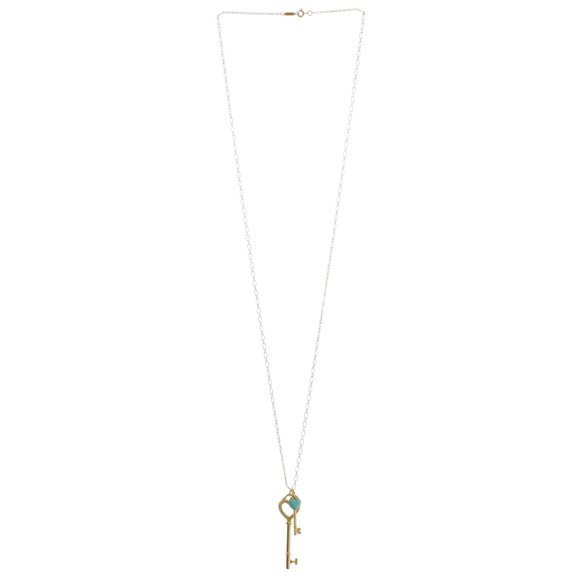 Double Heart Key Pendant Necklace 18K Yellow Gold with Enamel