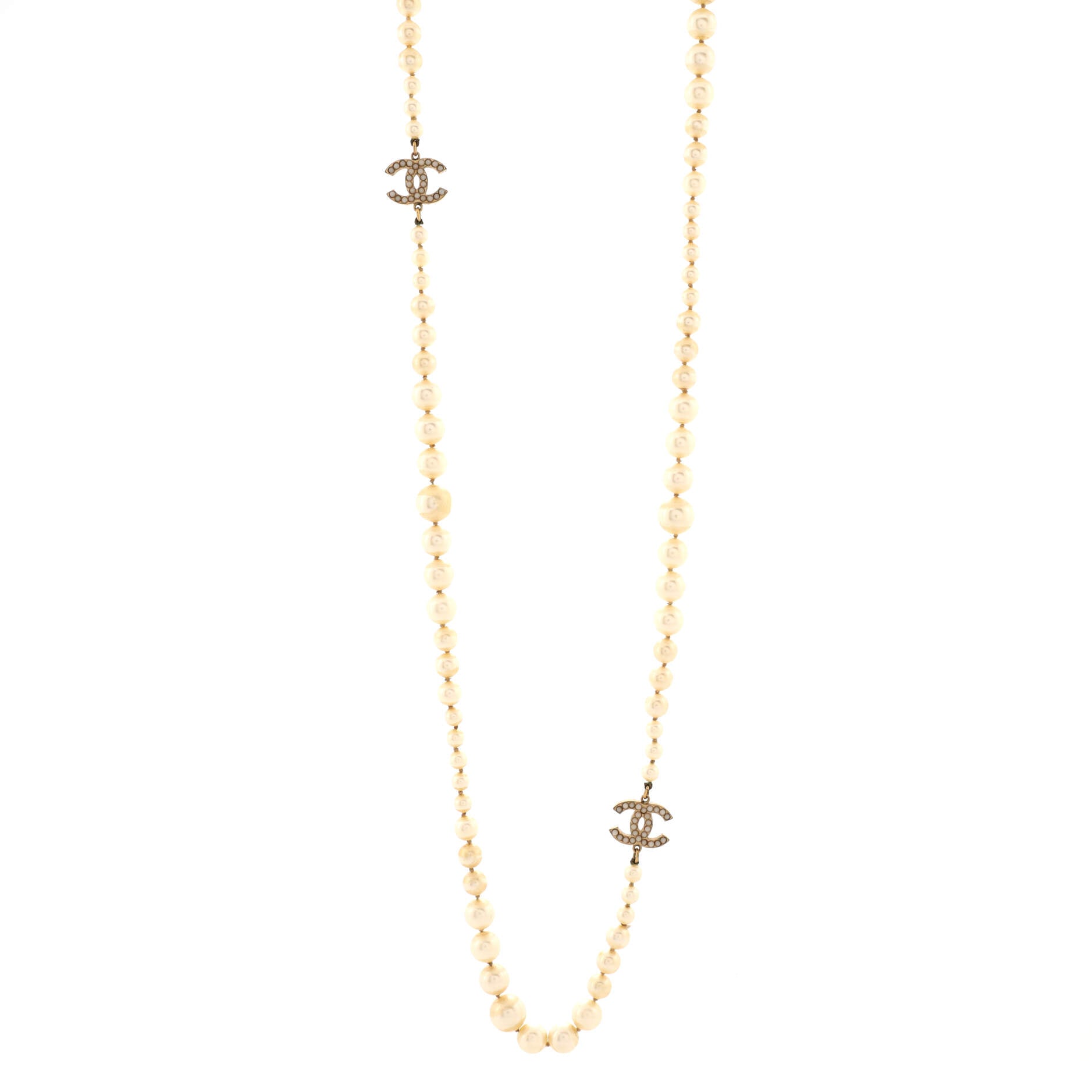 CC Long Necklace Faux Pearls and Crystal Embellished Metal