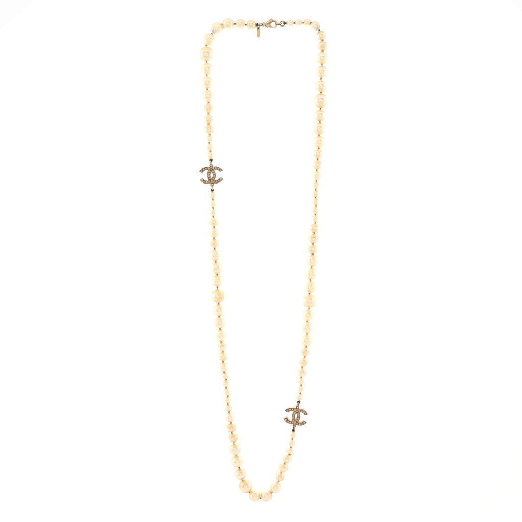 CC Long Necklace Faux Pearls and Crystal Embellished Metal