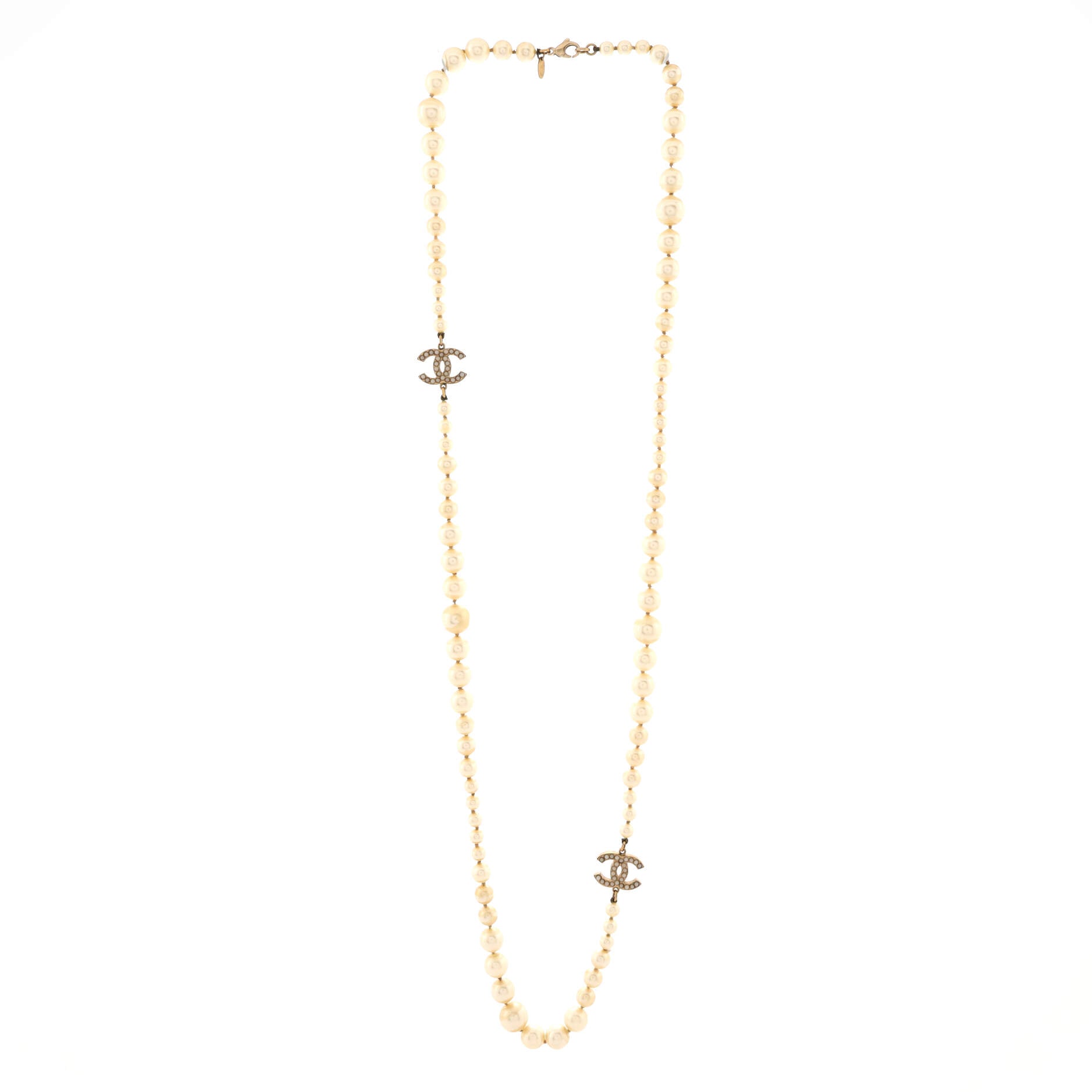 CC Long Necklace Faux Pearls and Crystal Embellished Metal