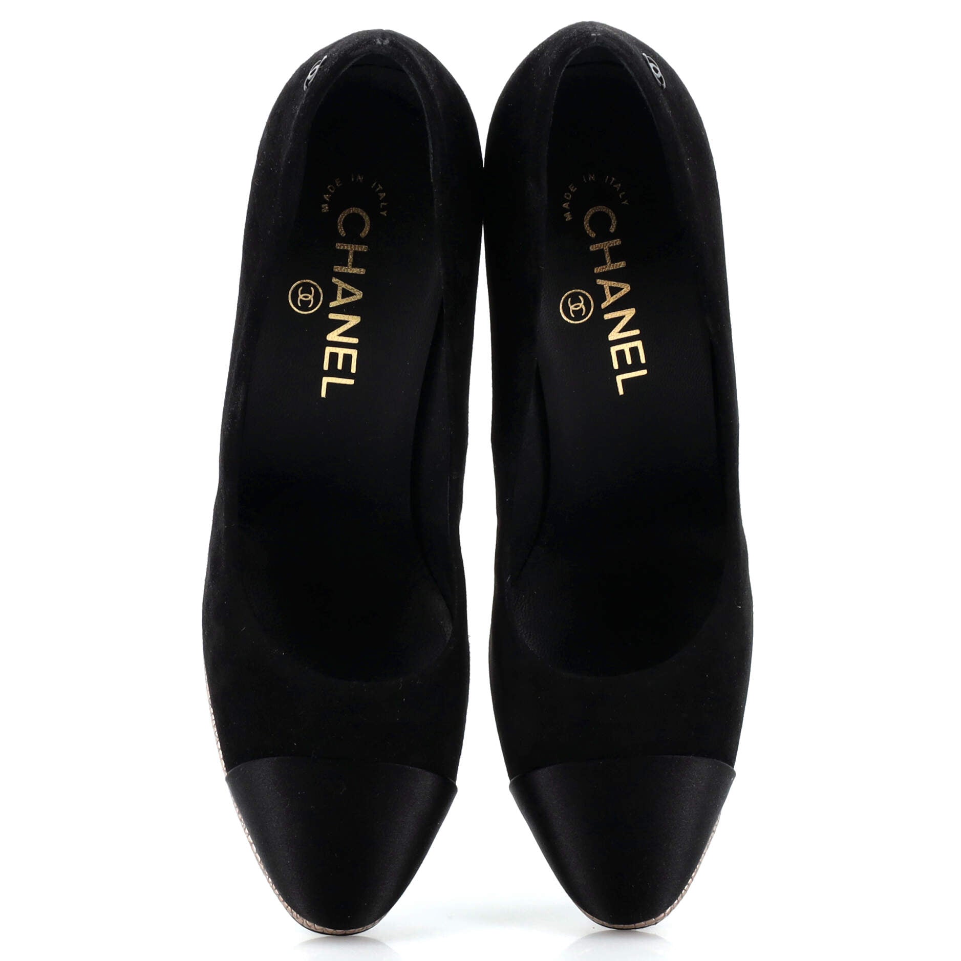 Women's CC Cap Toe Logo Heel Pumps Suede with Satin and Embossed Leather