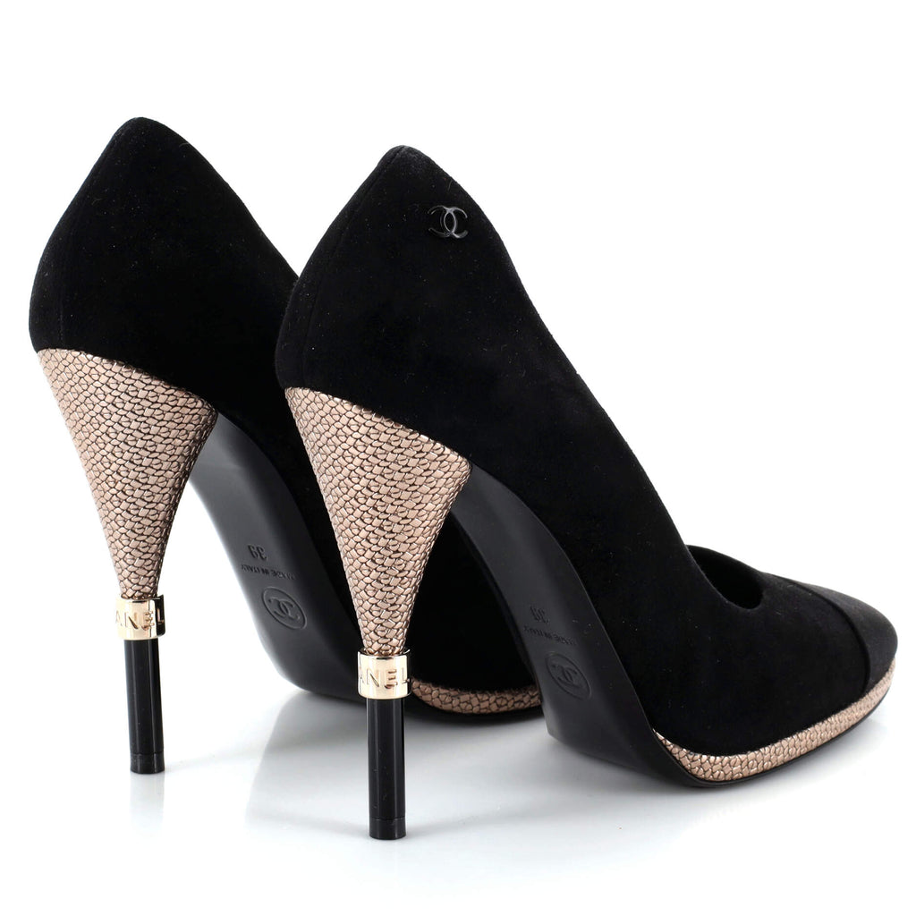 Women's CC Cap Toe Logo Heel Pumps Suede with Satin and Embossed Leather