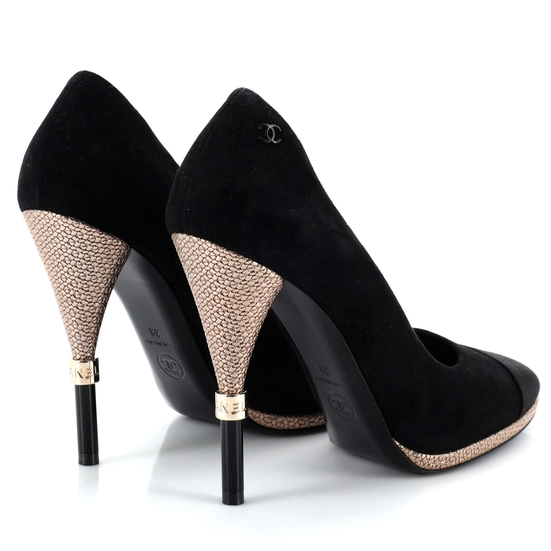 Women's CC Cap Toe Logo Heel Pumps Suede with Satin and Embossed Leather