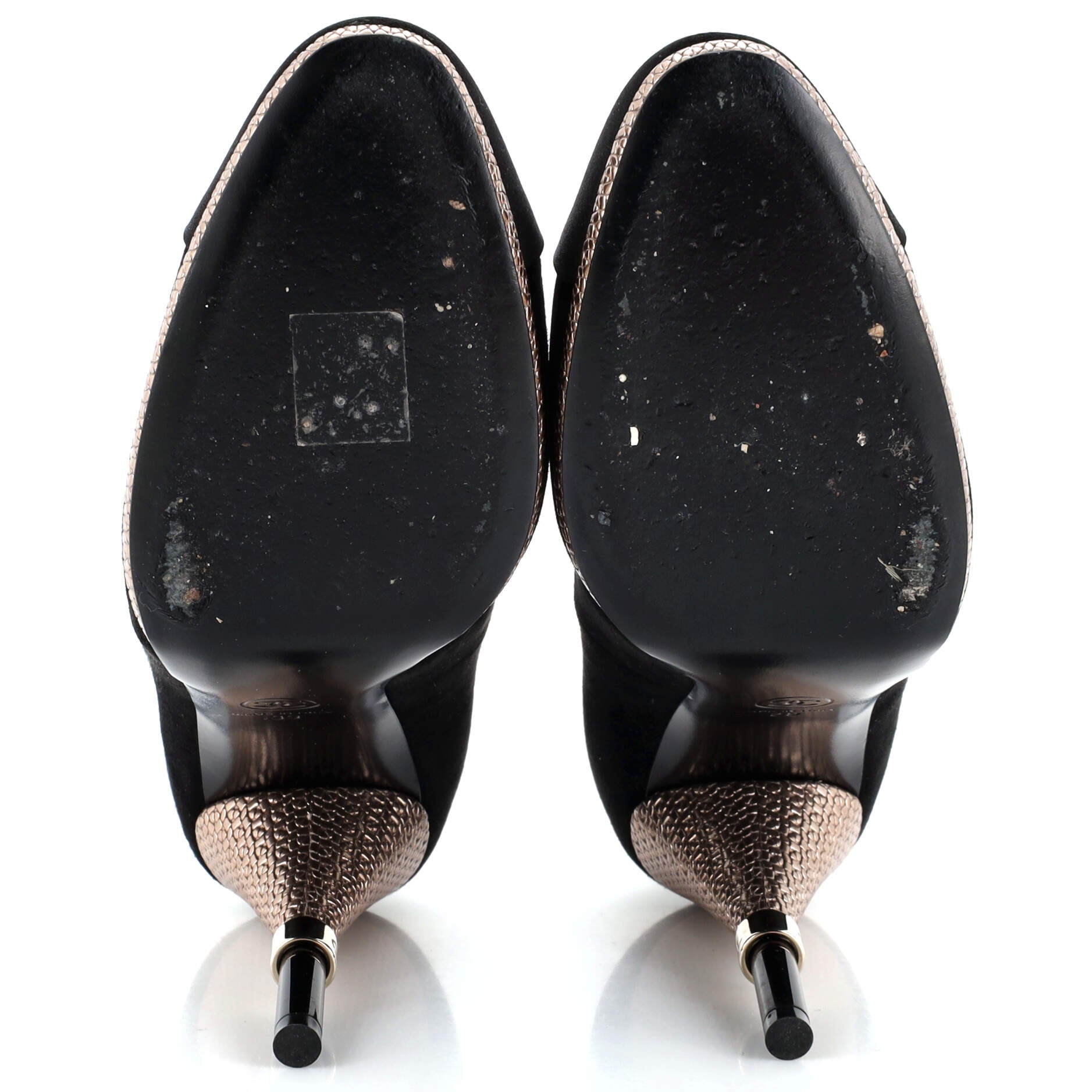 Women's CC Cap Toe Logo Heel Pumps Suede with Satin and Embossed Leather