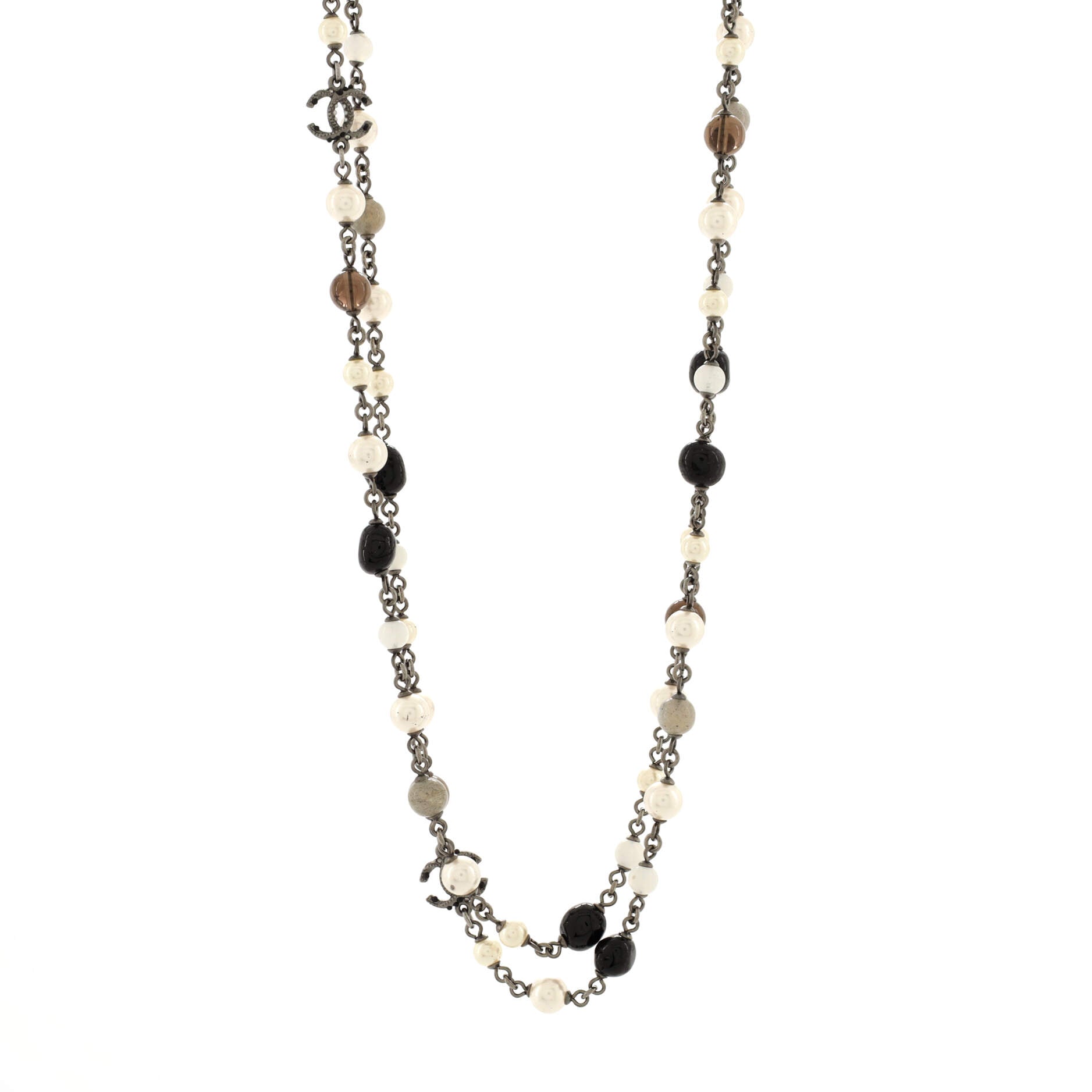 CC Coco Long Necklace Metal with Faux Pearl and Beads