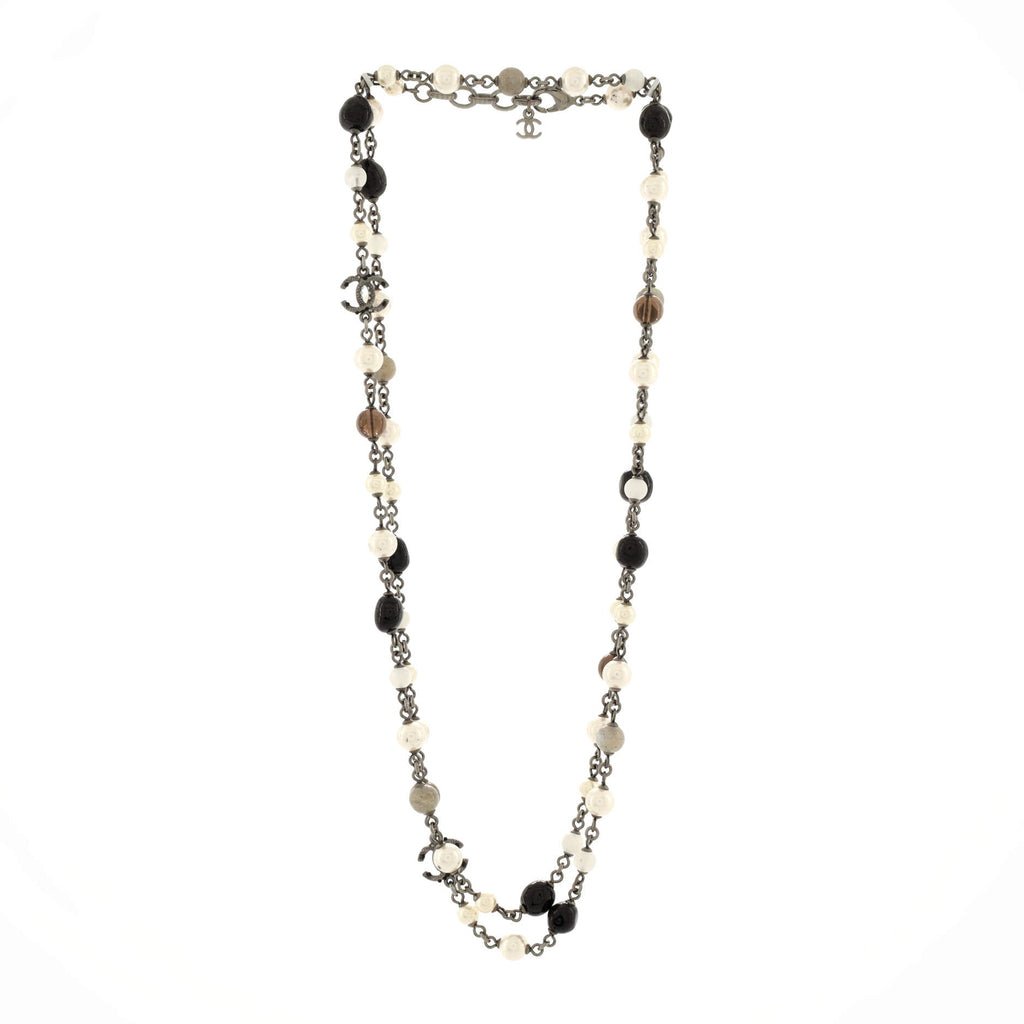 CC Coco Long Necklace Metal with Faux Pearl and Beads