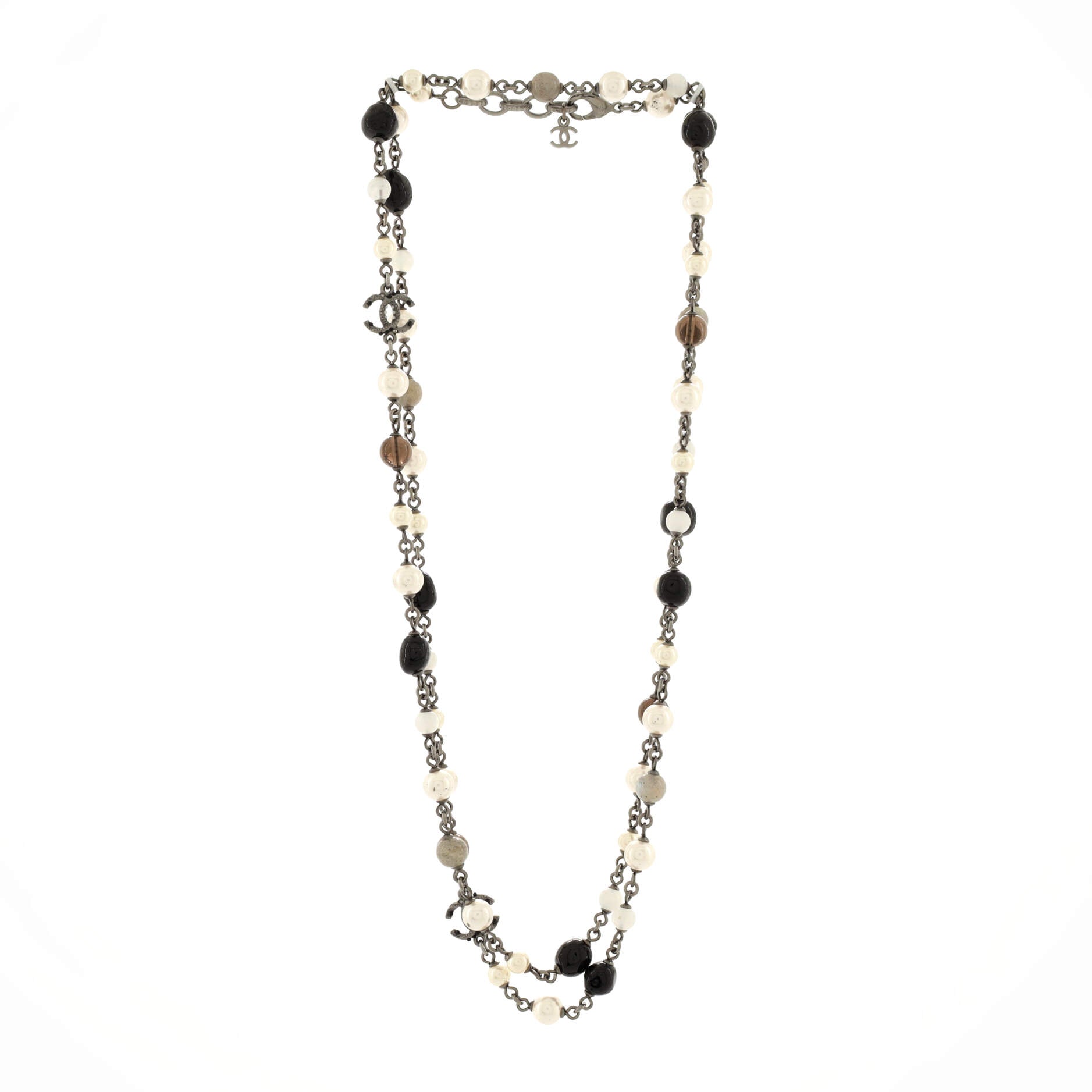 CC Coco Long Necklace Metal with Faux Pearl and Beads