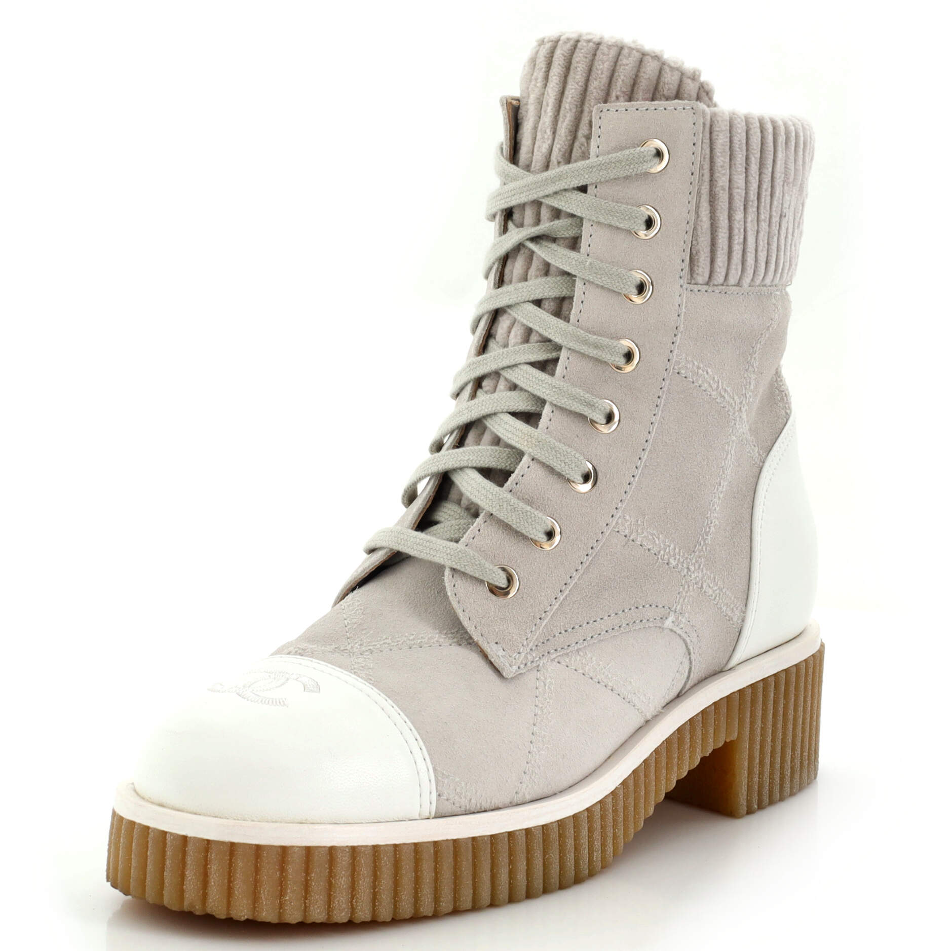 Women's CC Cap Toe Combat Boots Quilted Suede with Leather