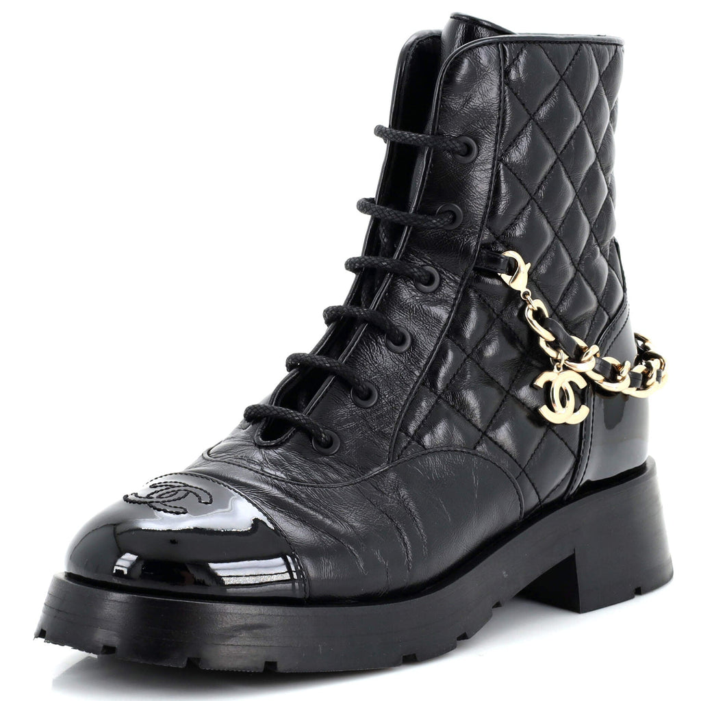 Women's Charm Chain CC Cap Toe Combat Boots Quilted Leather