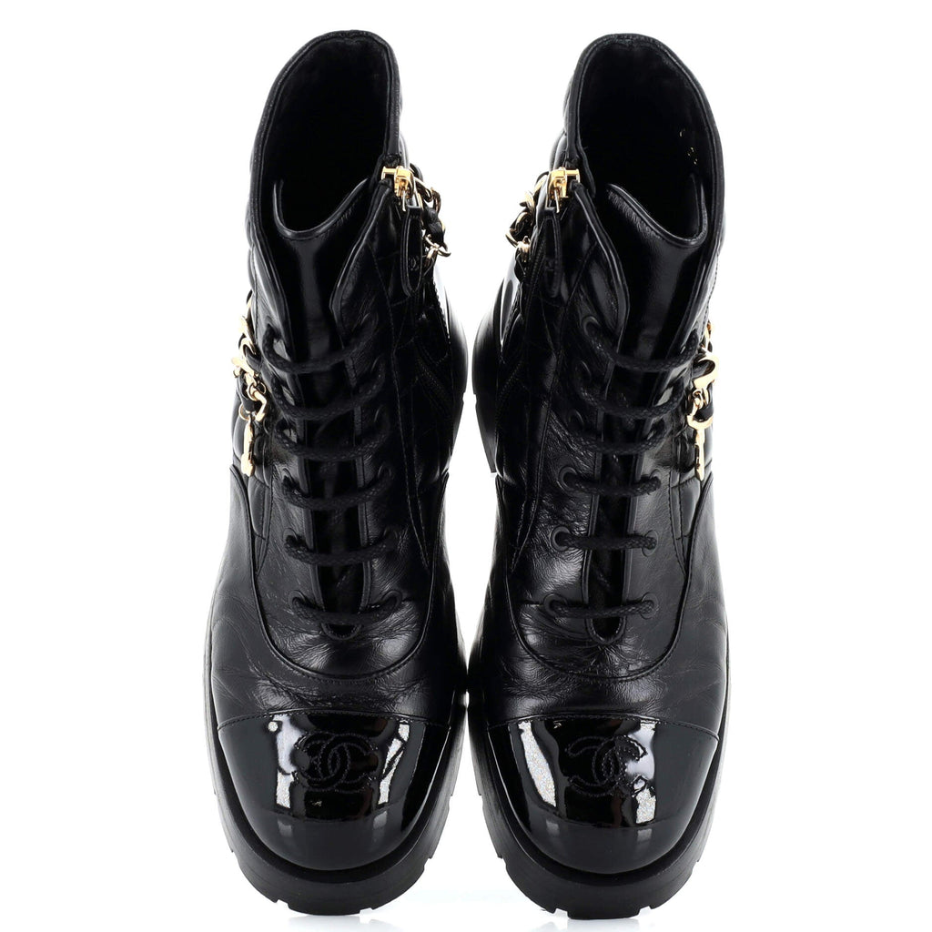 Women's Charm Chain CC Cap Toe Combat Boots Quilted Leather
