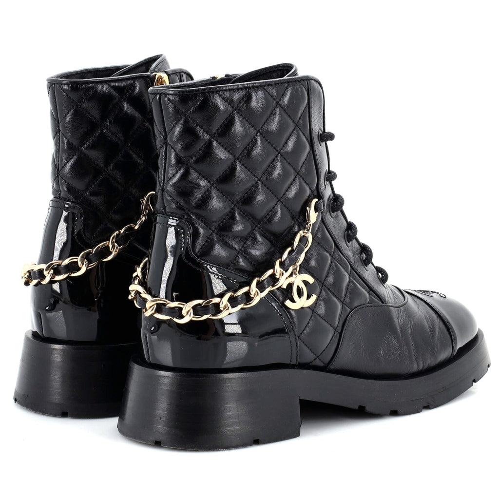 Women's Charm Chain CC Cap Toe Combat Boots Quilted Leather