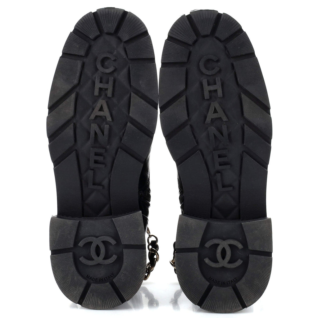 Women's Charm Chain CC Cap Toe Combat Boots Quilted Leather