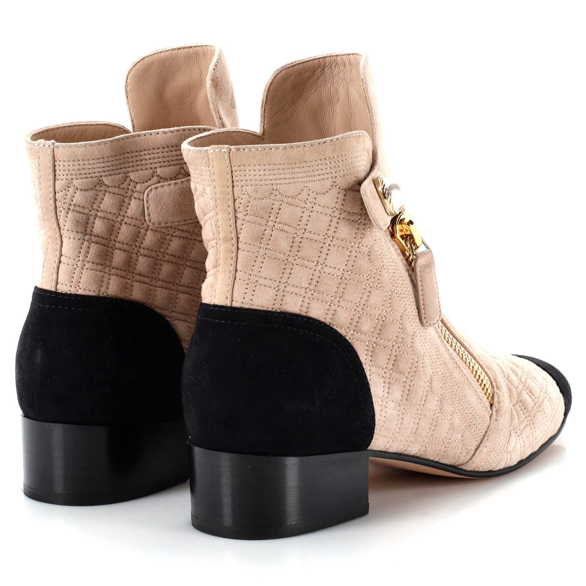 Women's Pearl Detail CC Cap Toe Short Ankle Boots Quilted Suede