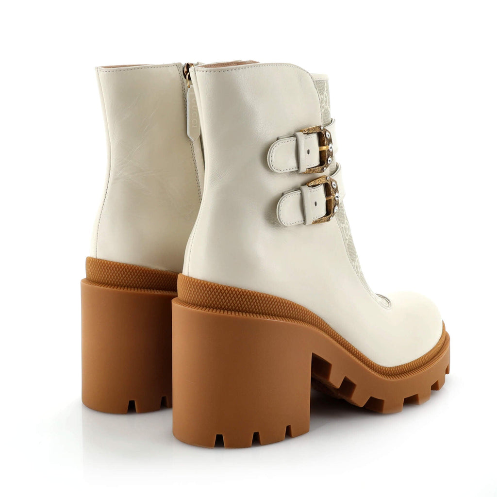 Women's Double Buckle Lug Sole Ankle Boots Leather with GG Coated Canvas