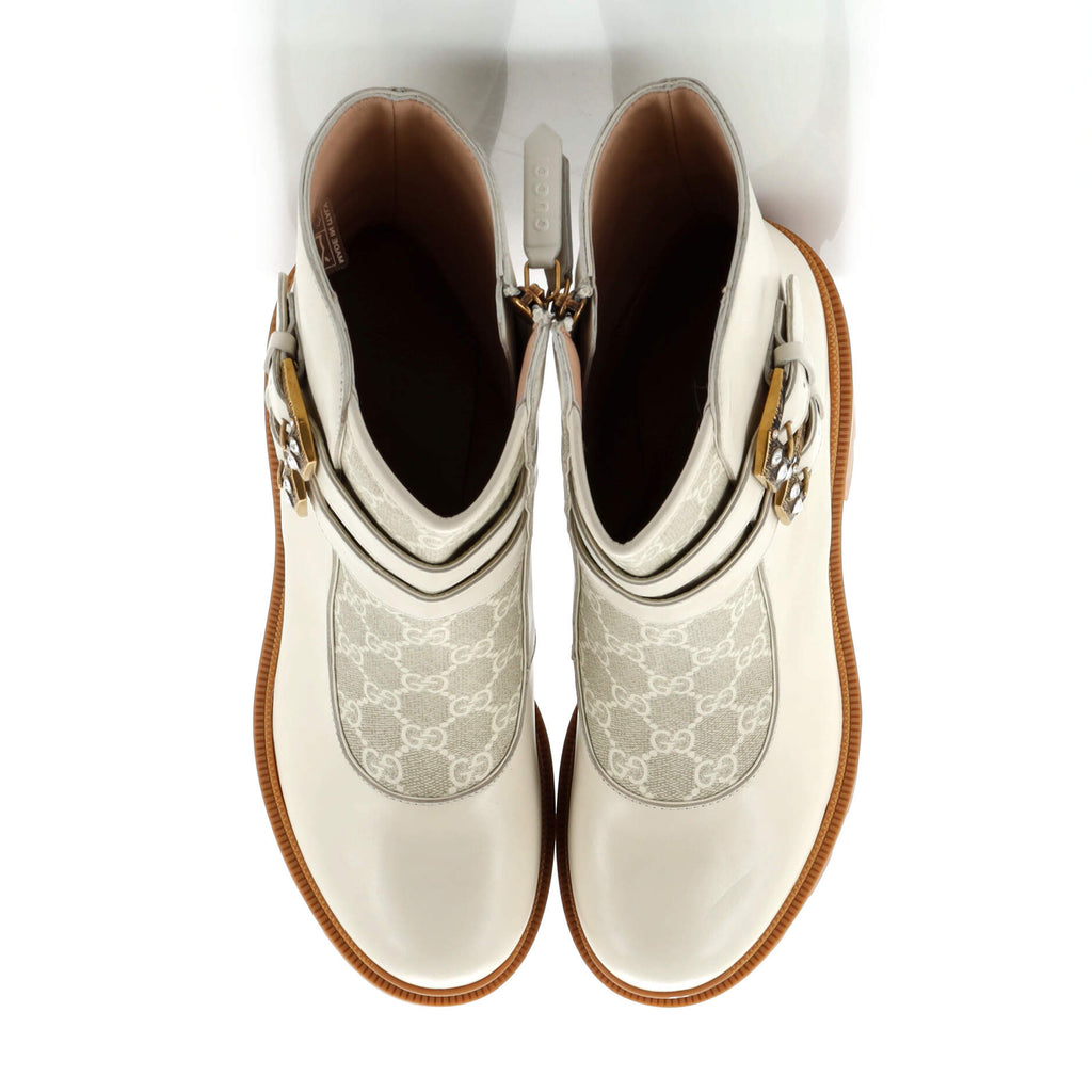 Women's Double Buckle Lug Sole Ankle Boots Leather with GG Coated Canvas