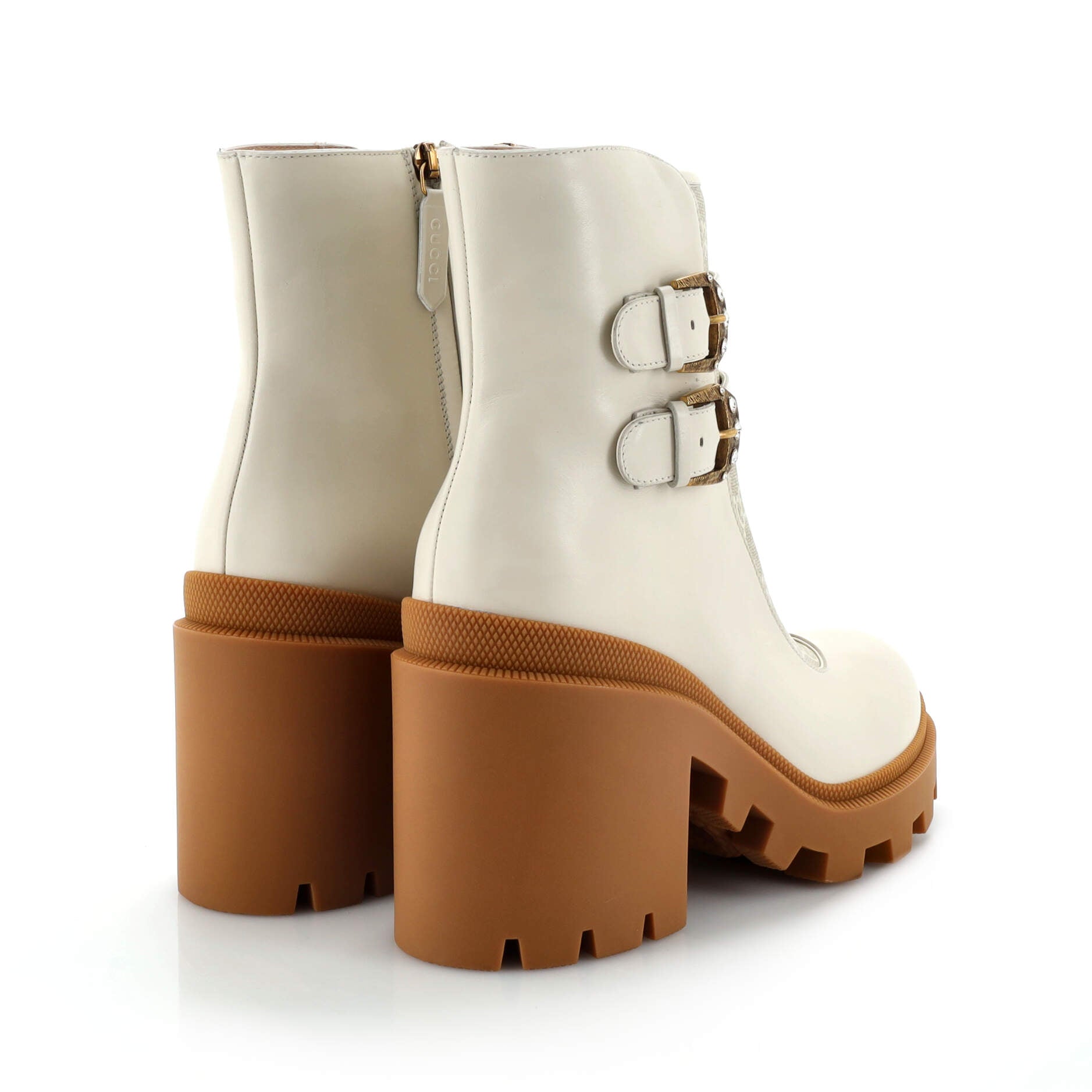 Women's Double Buckle Lug Sole Ankle Boots Leather with GG Coated Canvas