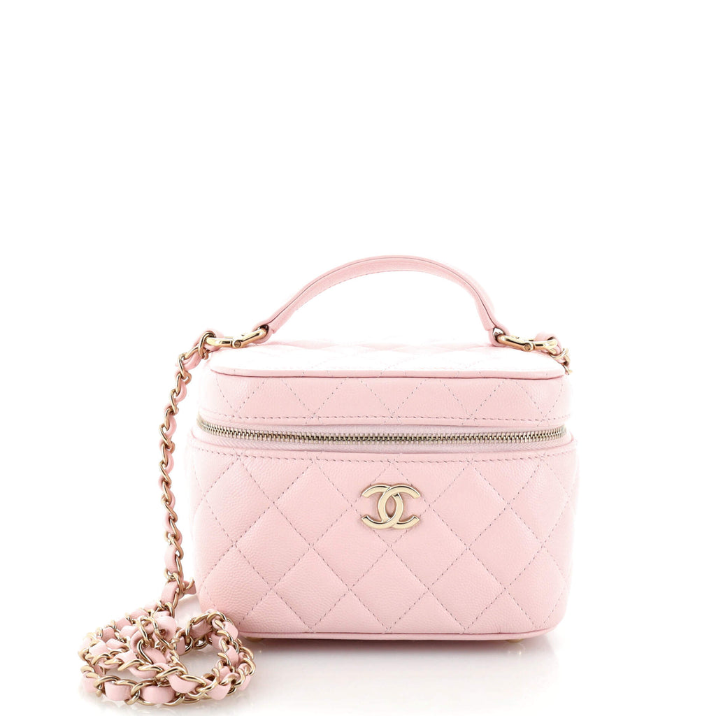 CC Top Handle Vanity Case with Chain Quilted Caviar Mini