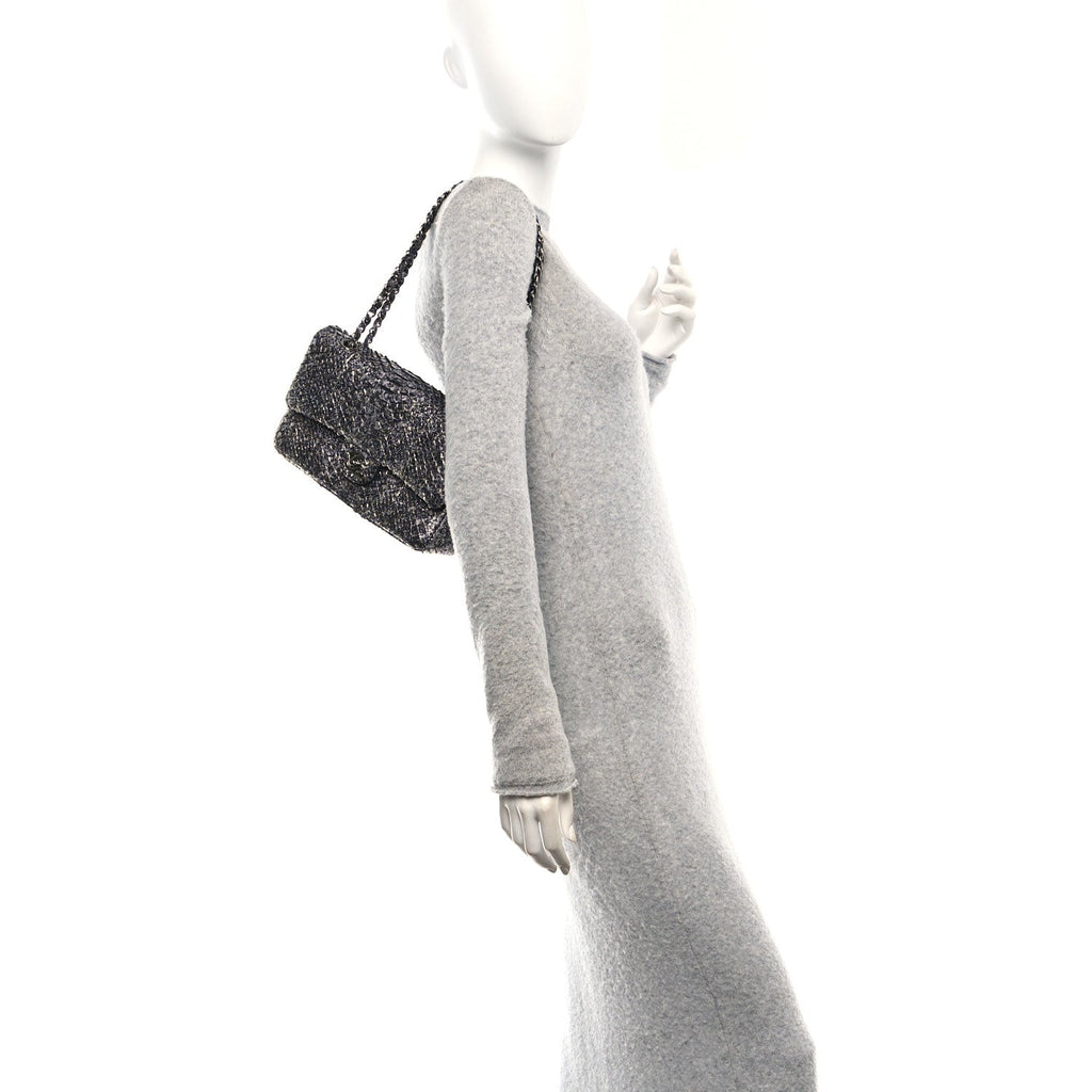Metallic Snakeskin Medium Double Flap Black Silver
