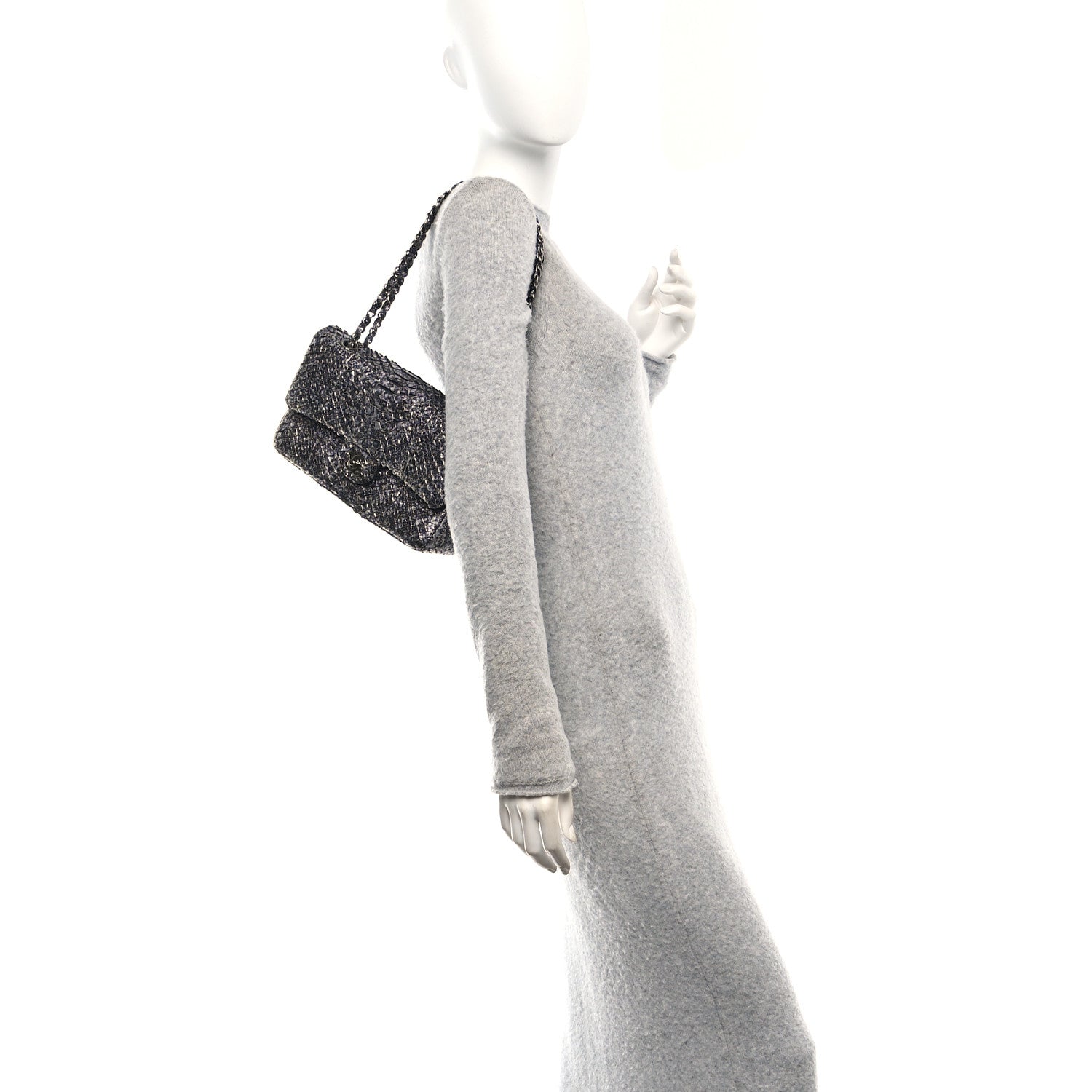 Metallic Snakeskin Medium Double Flap Black Silver