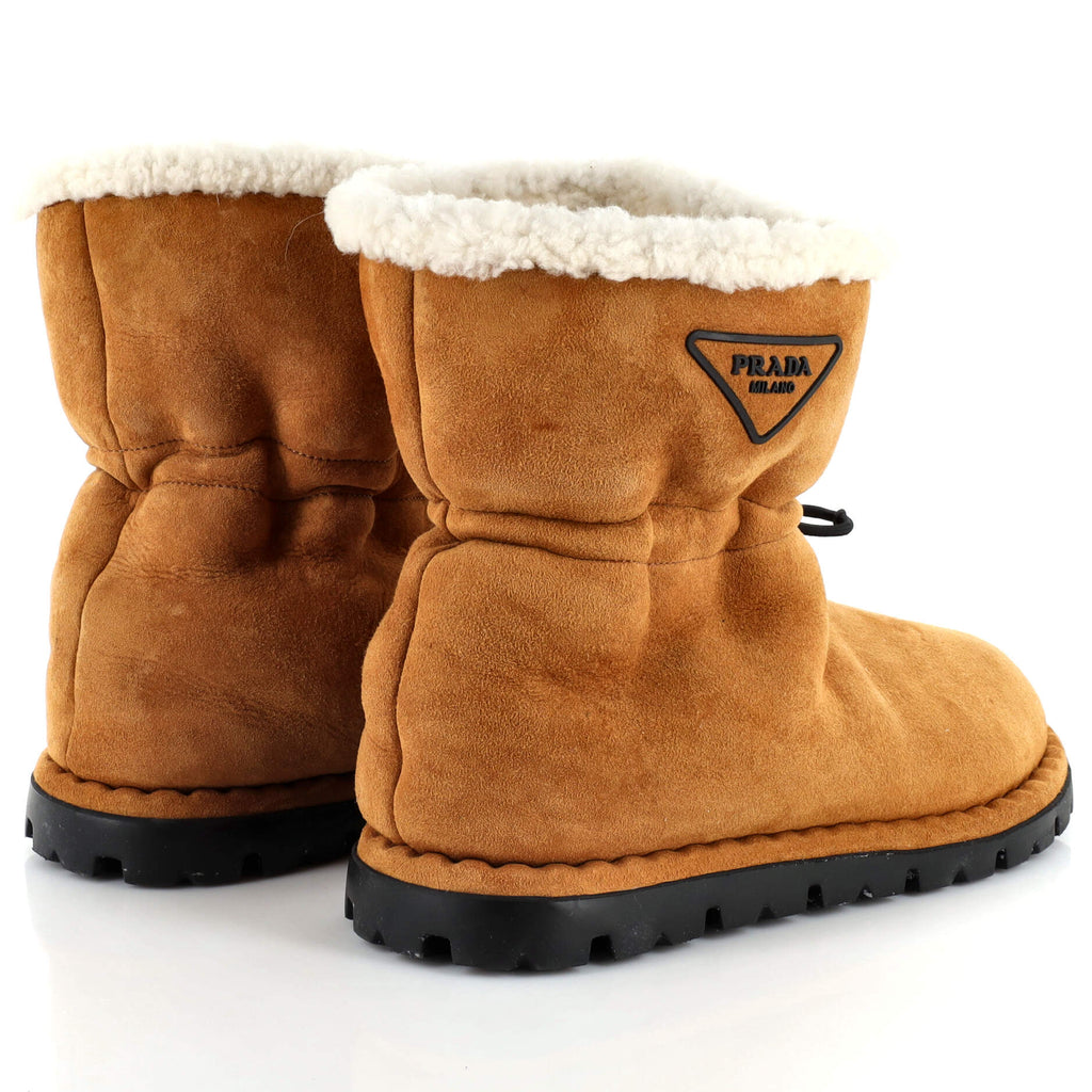 Women's Triangle Logo Drawcord Ankle Boots Suede with Shearling