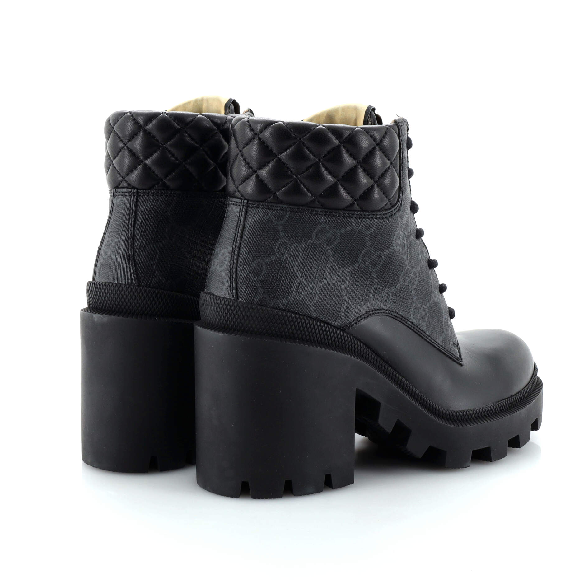 Women's Lace Up Heeled Ankle Boots GG Coated Canvas with Quilted Leather