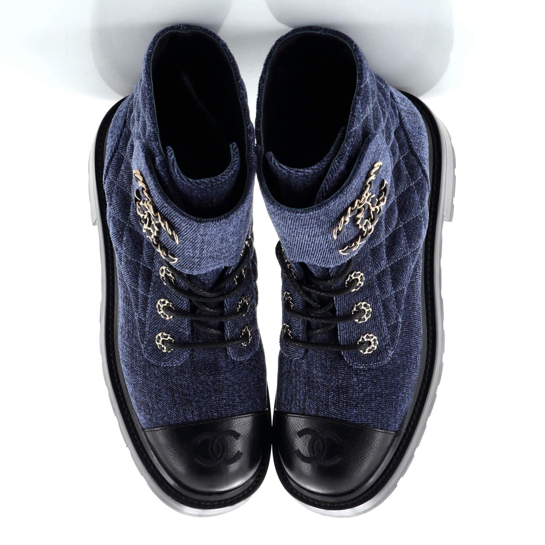 Women's Chain CC Cap Toe Lace Up Combat Boots Quilted Velvet and Leather