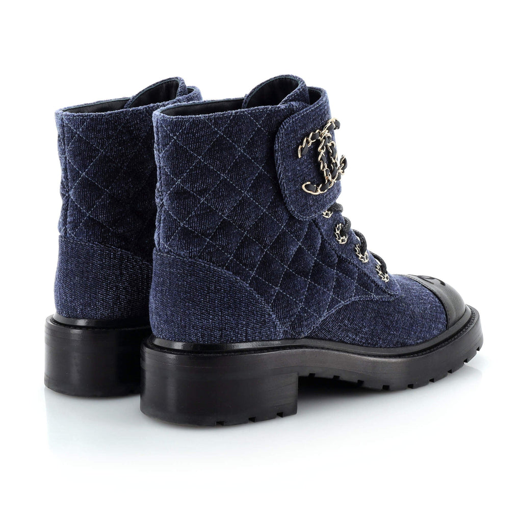 Women's Chain CC Cap Toe Lace Up Combat Boots Quilted Velvet and Leather