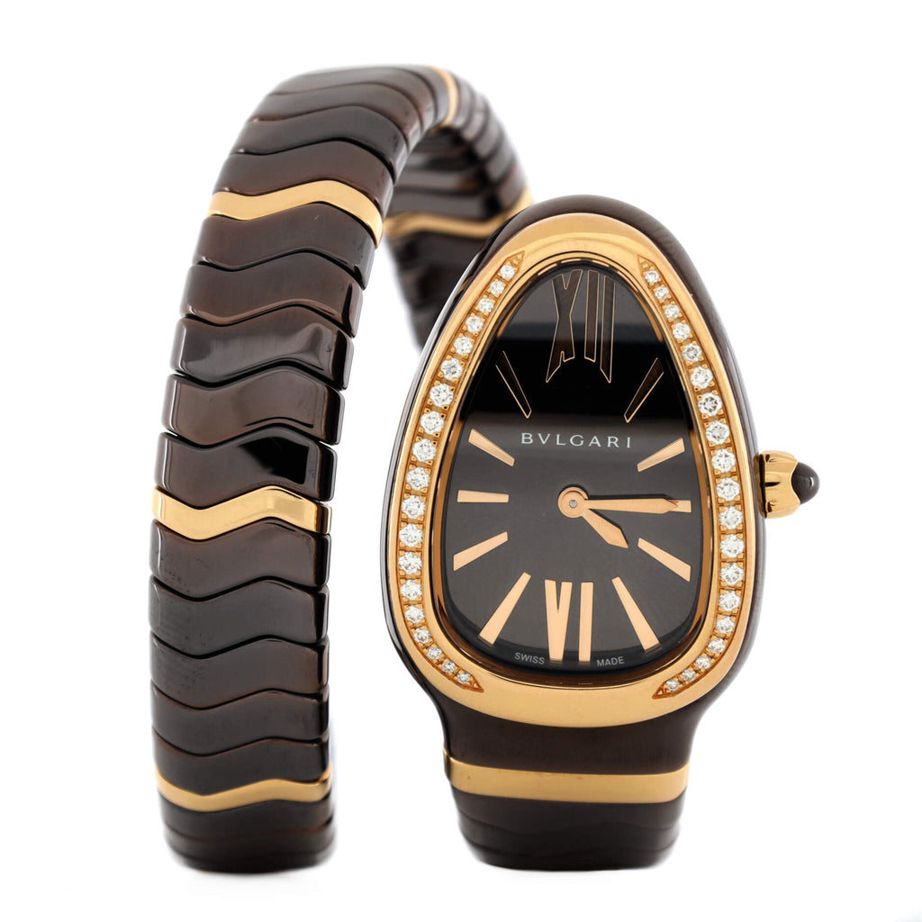 Serpenti Spiga Single Spiral Quartz Watch Ceramic and Rose Gold with Diamond Bezel 23