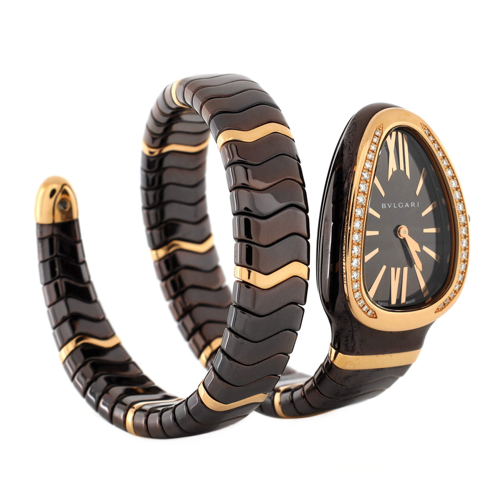 Serpenti Spiga Single Spiral Quartz Watch Ceramic and Rose Gold with Diamond Bezel 23