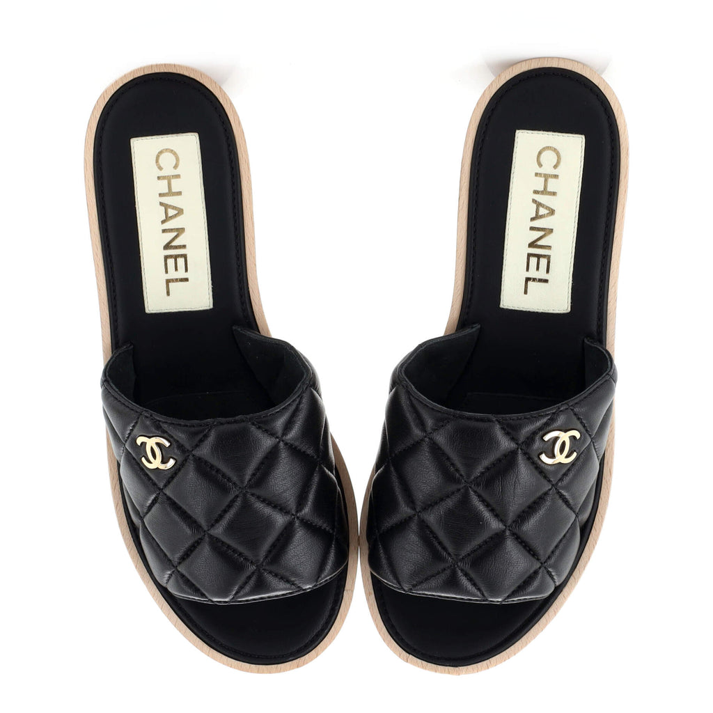 Women's Open Toe Platform Sandals Quilted Leather and Wood