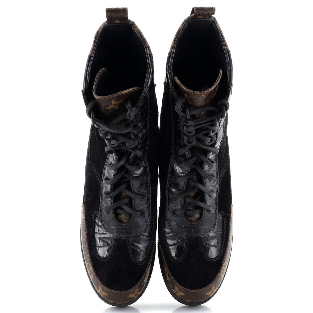 Women's Laureate Platform Desert Boots Suede with Monogram Canvas and Crocodile Embossed Patent