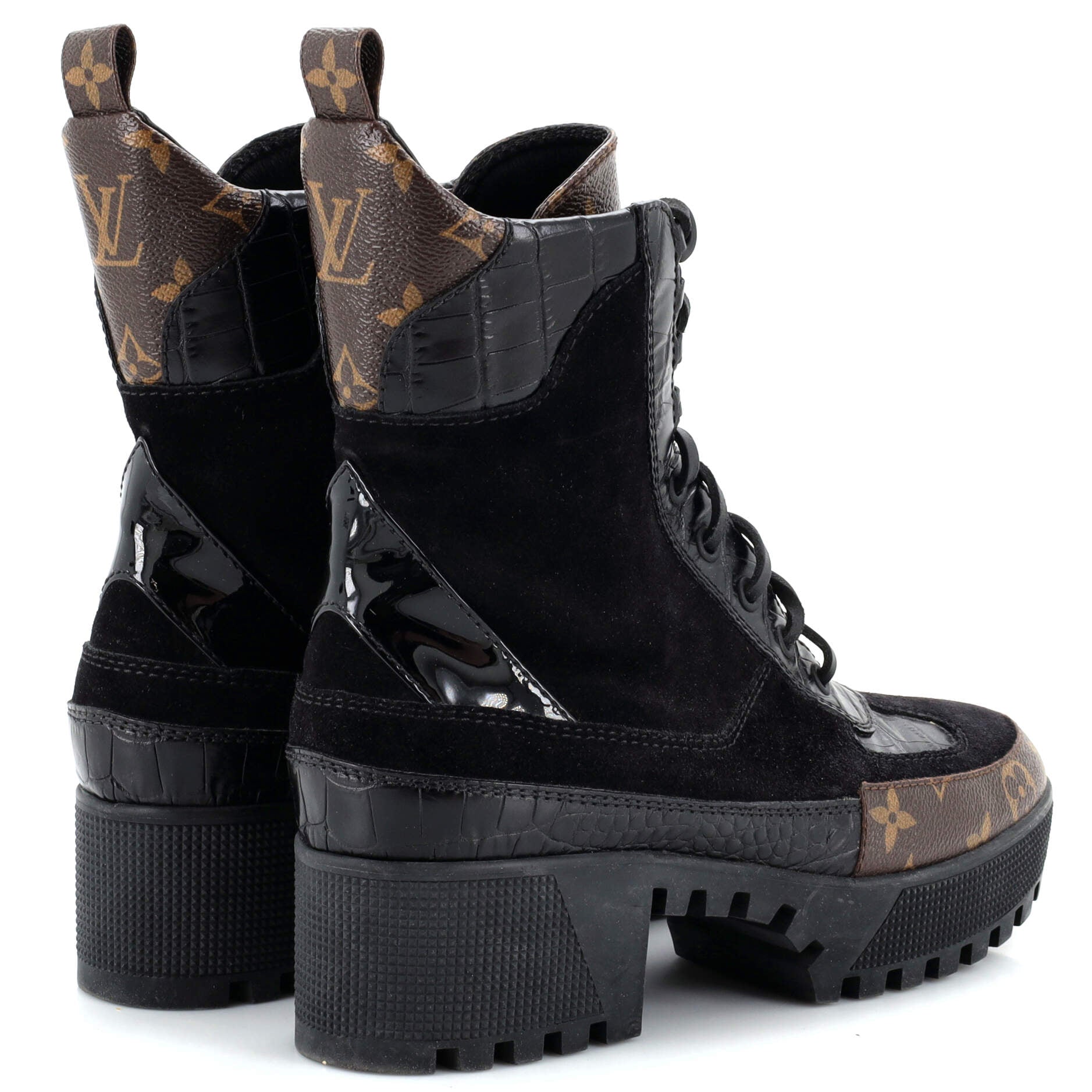 Women's Laureate Platform Desert Boots Suede with Monogram Canvas and Crocodile Embossed Patent