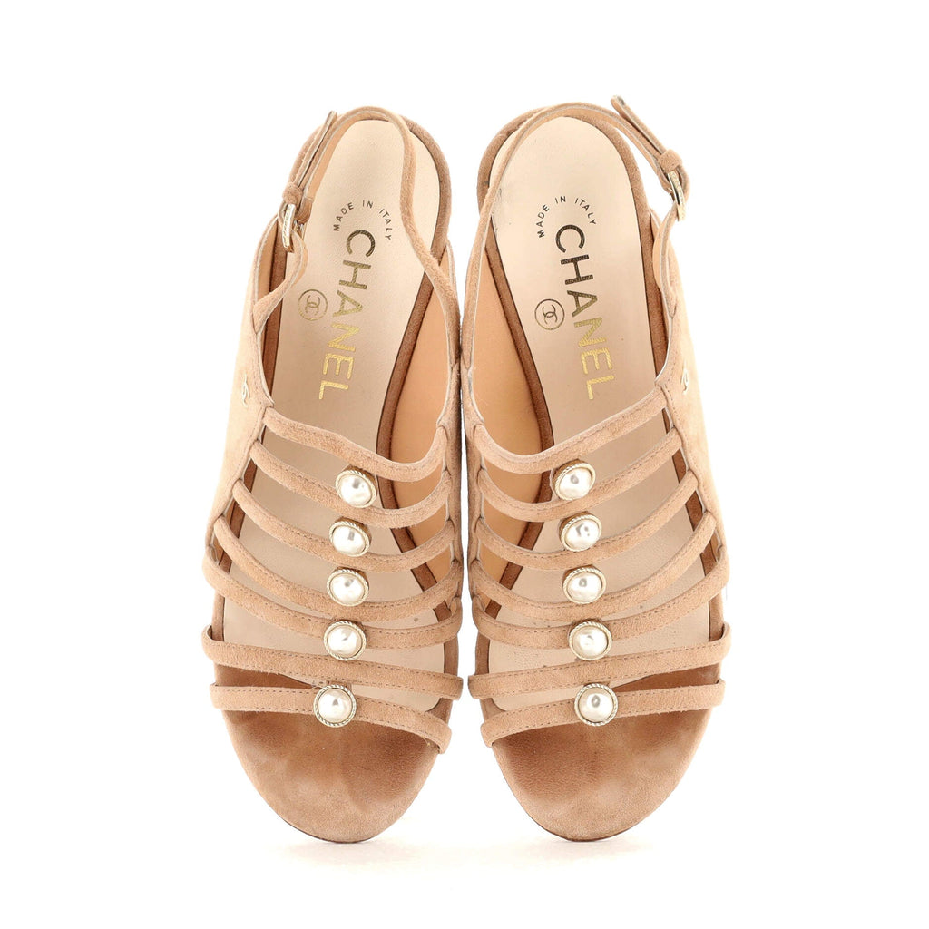 Women's Open Toe Caged Sandals Suede with Faux Pearls