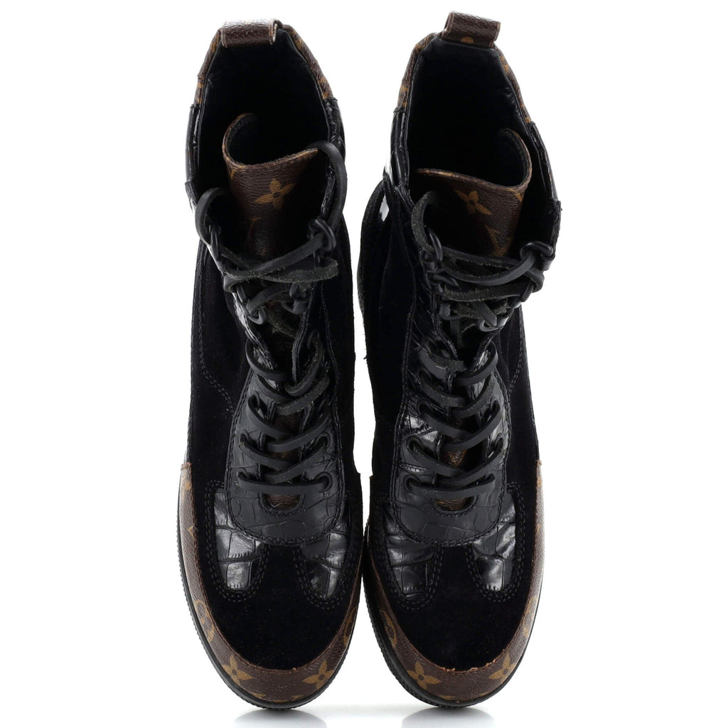 Women's Laureate Platform Desert Boots Suede with Monogram Canvas and Crocodile Embossed Patent