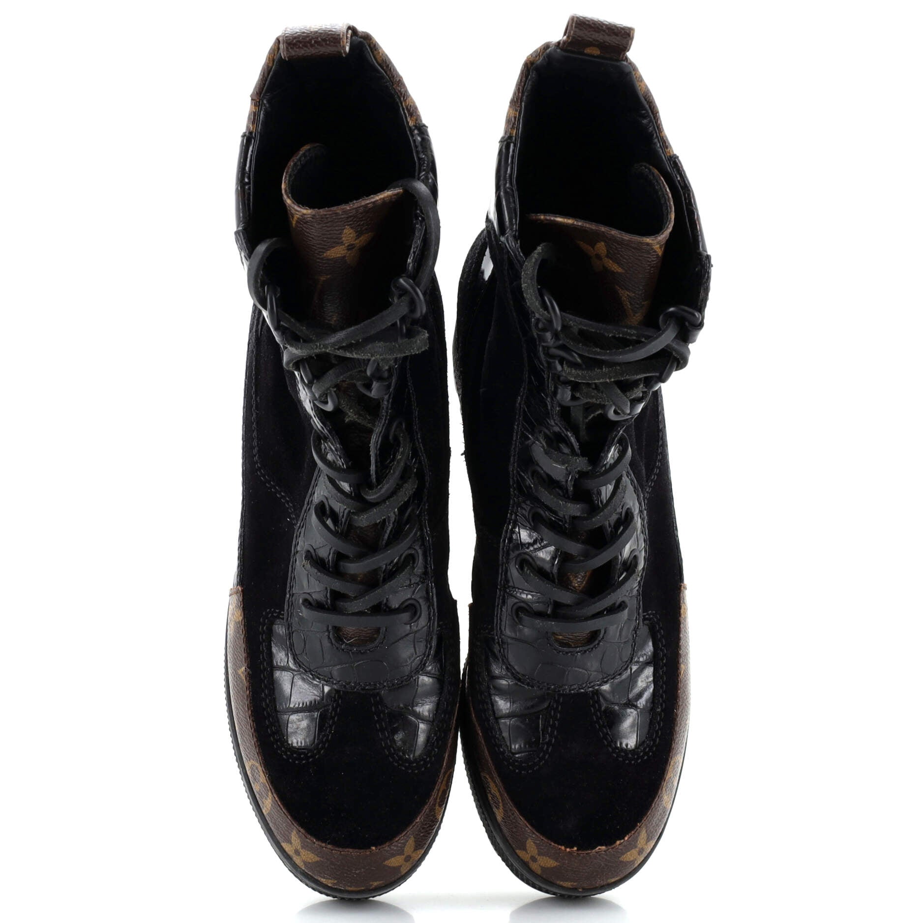 Women's Laureate Platform Desert Boots Suede with Monogram Canvas and Crocodile Embossed Patent