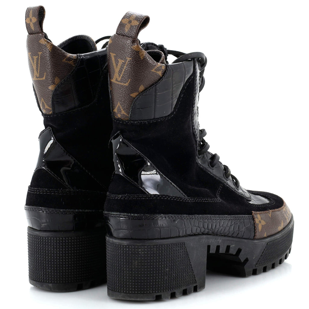 Women's Laureate Platform Desert Boots Suede with Monogram Canvas and Crocodile Embossed Patent